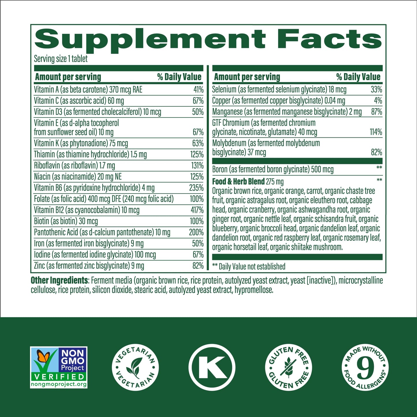 tabla de ingredientes de megafood multivitaminas para mujeres