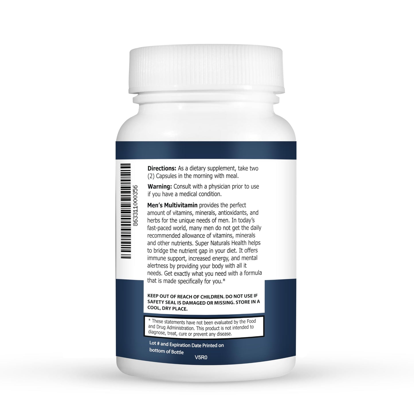 Label de ingredientes de multivitaminas para hombres.