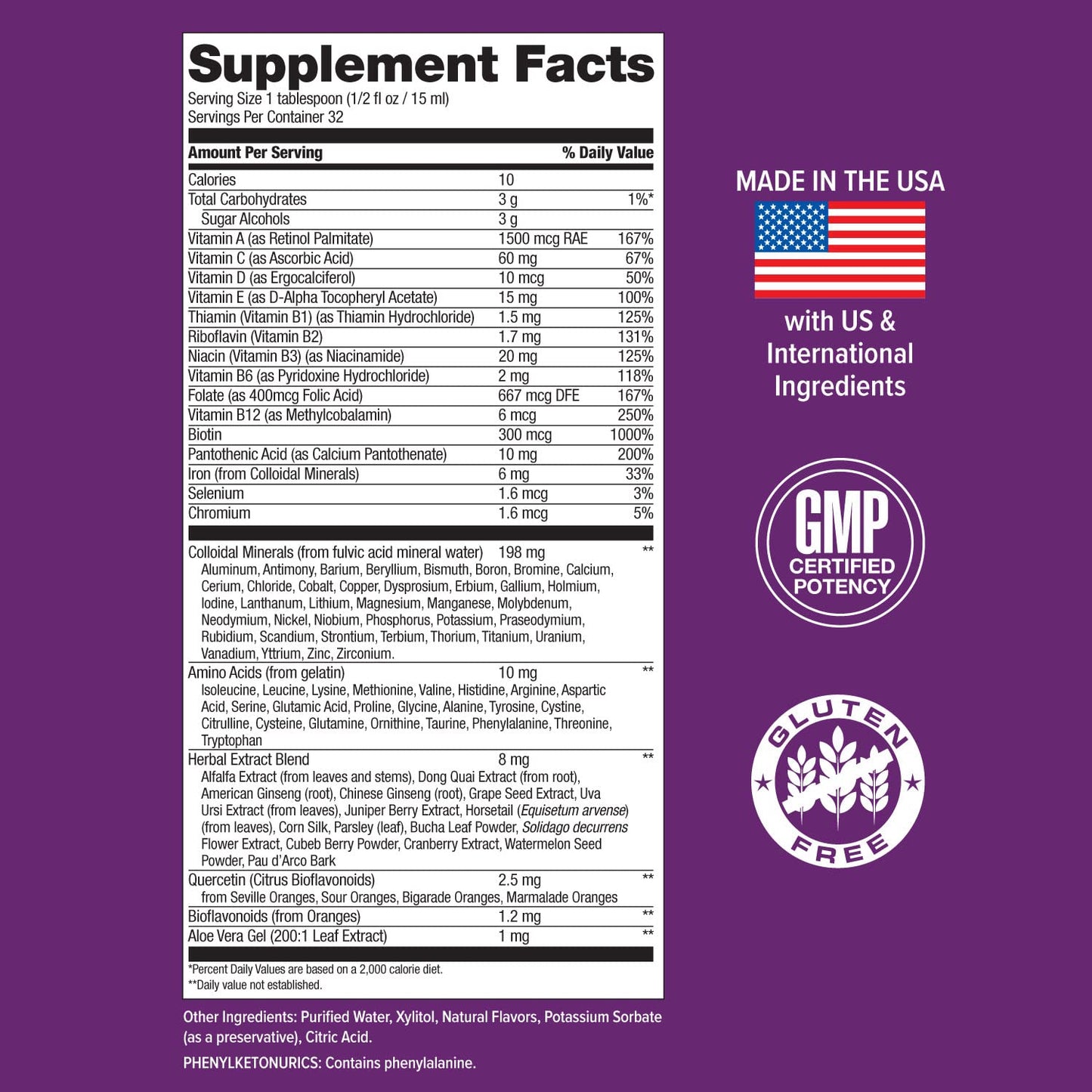 Tabla de ingredientes de multivitamínico Hi-Health.