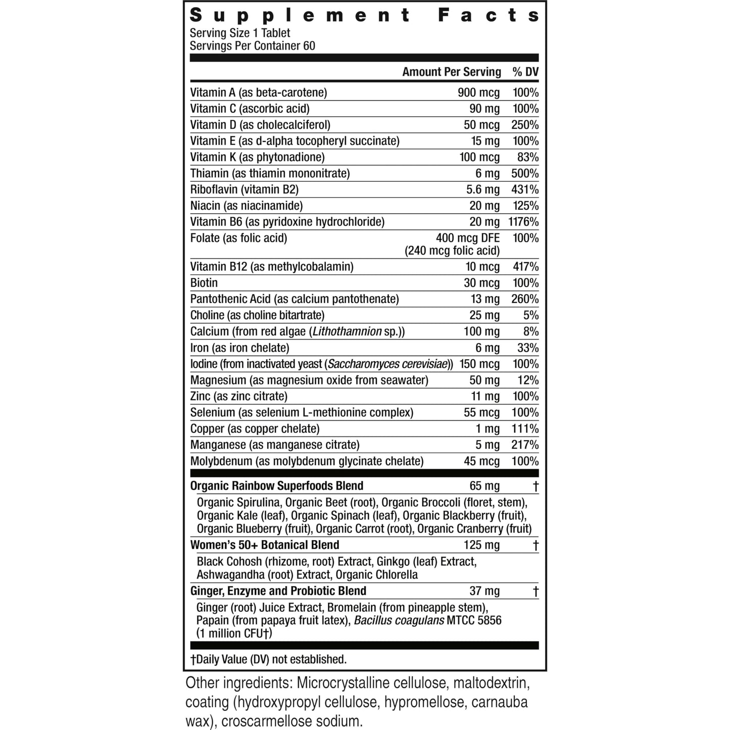 Etiqueta con ingredientes del multivitamínico para mujeres 50+