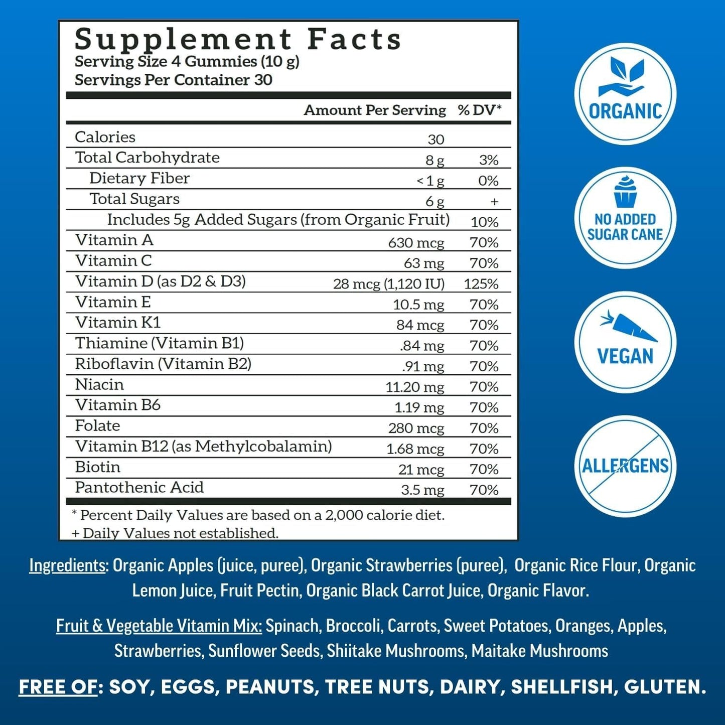 Ingredientes orgánicos de las gomitas multivitamínicas Llama Naturals