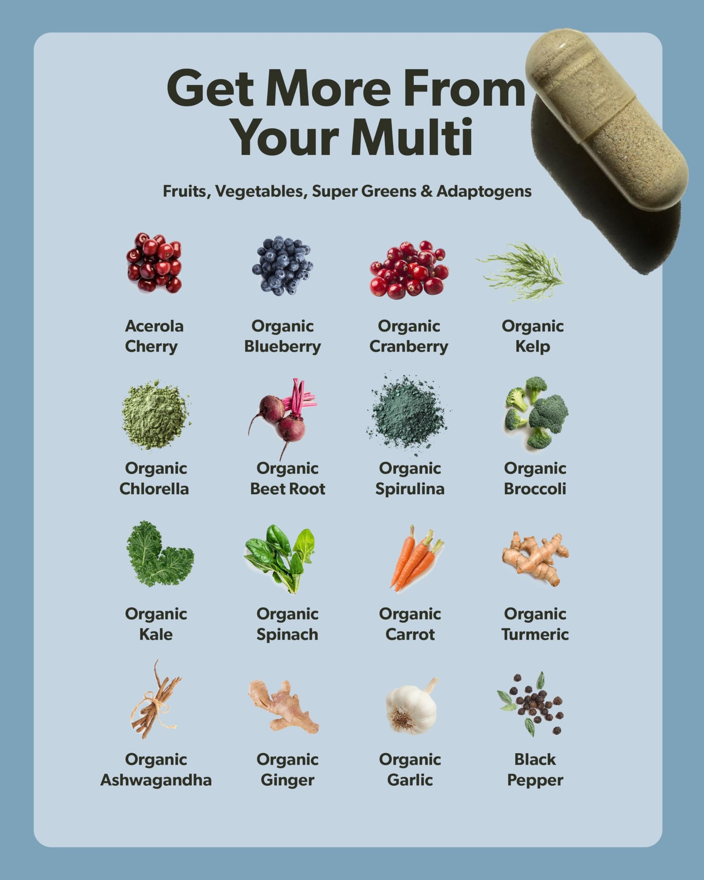 Ingredientes orgánicos y vegetales en multivitamínico para hombres.