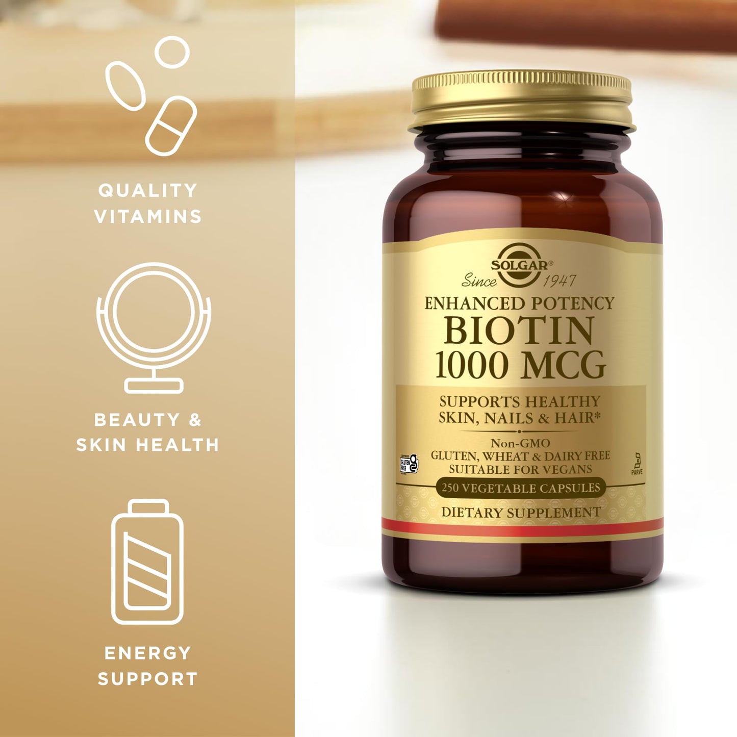 Detalle ingredientes Solgar Biotina para salud capilar y corporal