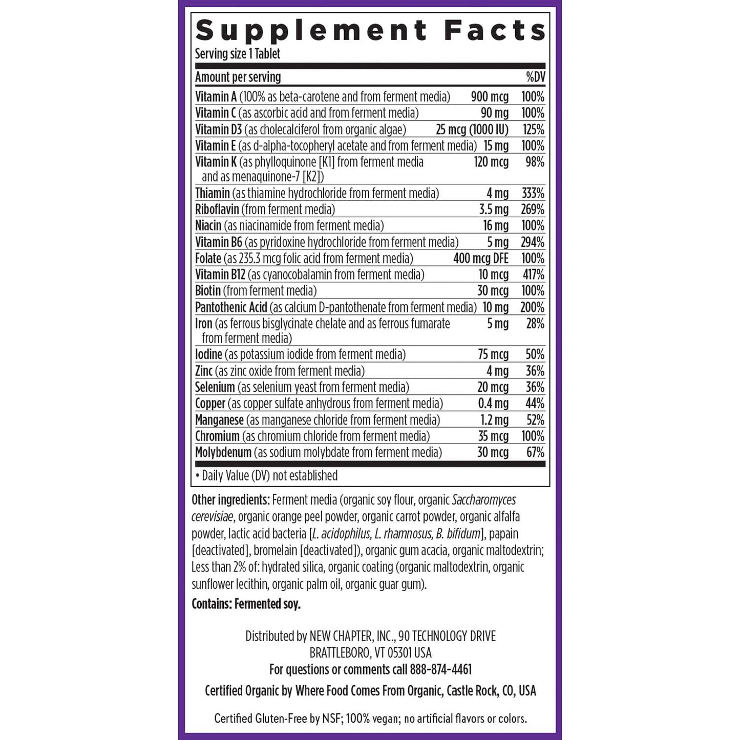 Lista de ingredientes del suplemento paa el multivitamínico
