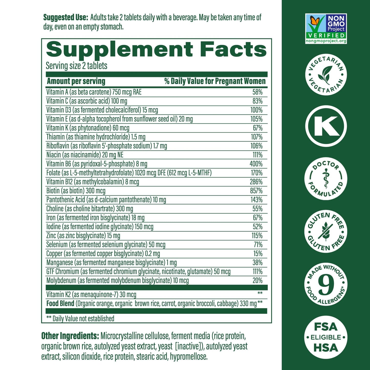 Etiqueta de ingredientes del suplemento prenatal Baby & Me 2
