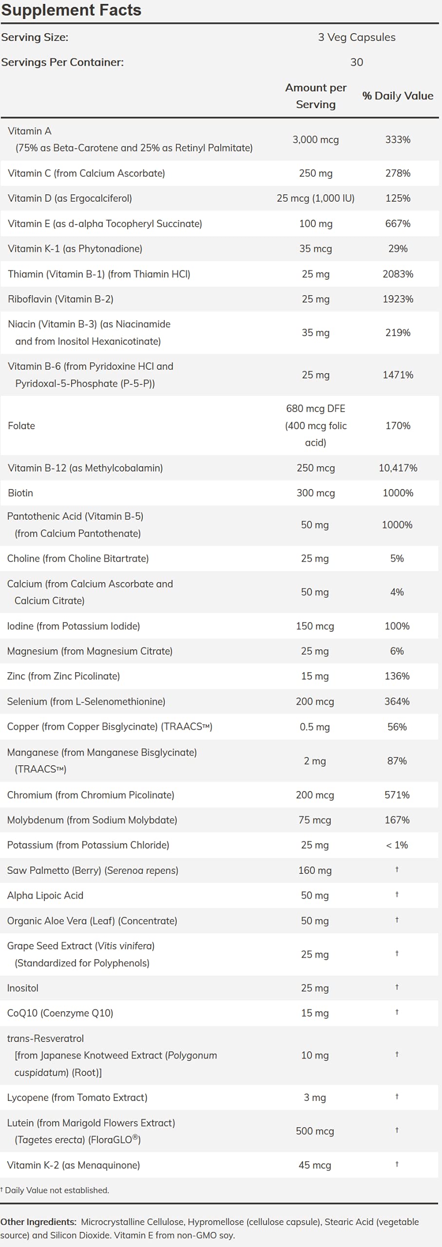 Etiquetas de ingredientes y valores nutricionales del multivitamínico NOW Foods.