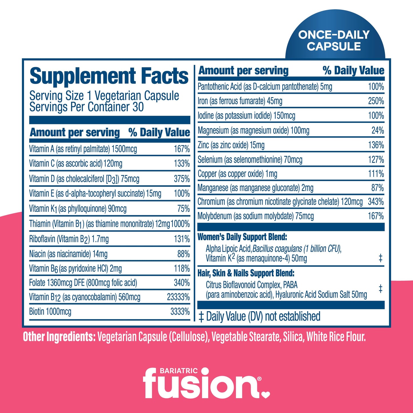 Ingredientes y vitaminas de la multivitamina Bariatric Fusion.