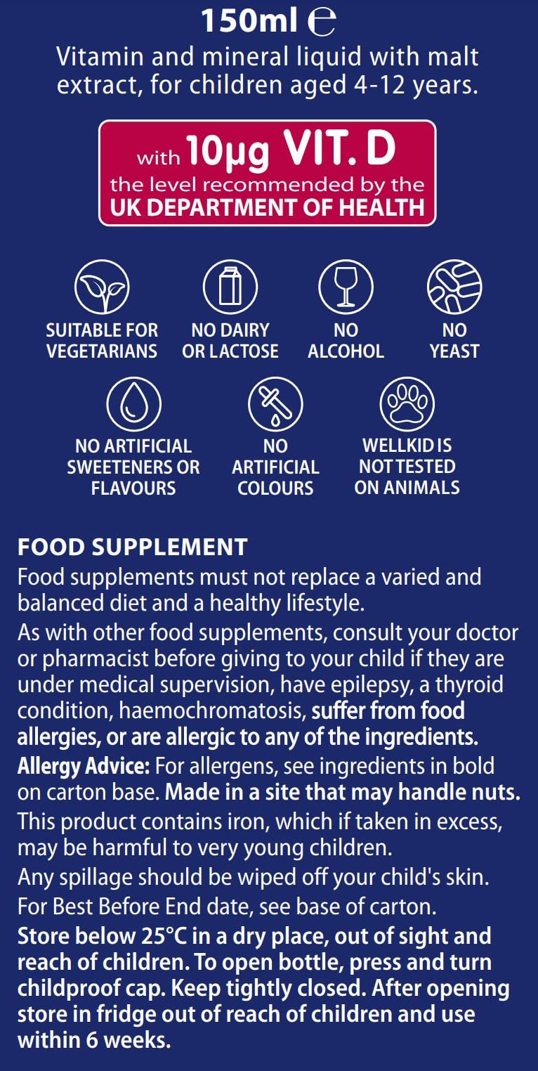 Etiqueta de ingredientes del multivitamínico Wellkid