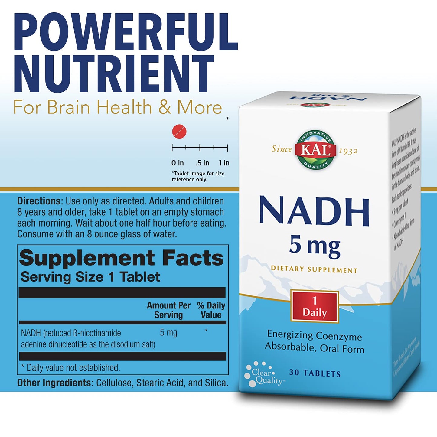 Envase de tabletas KAL 5 mg NADH 30 unidades