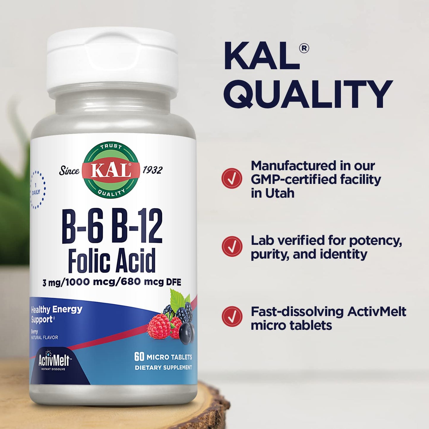 KAL paquete y botella suplemento vitamina B6 B12 folato