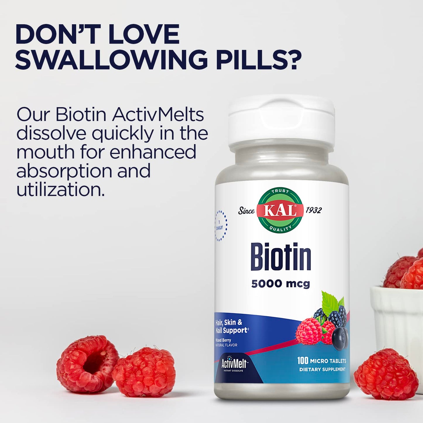 KAL tabletas biotina 5000 mcg sabor frutos rojos