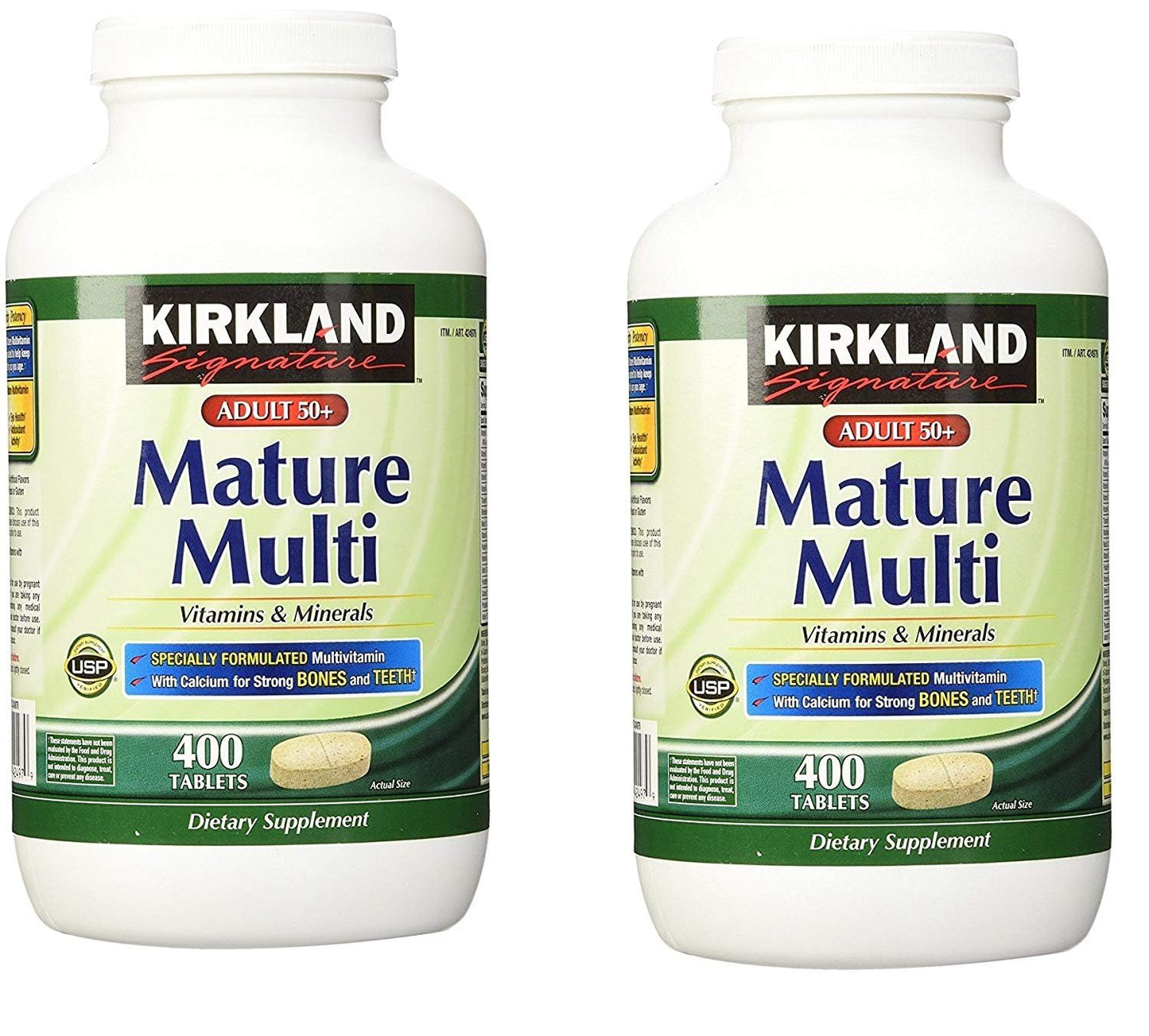 Botellas de Kirkland Signature Adult 50+ multivitaminas en conjunto.