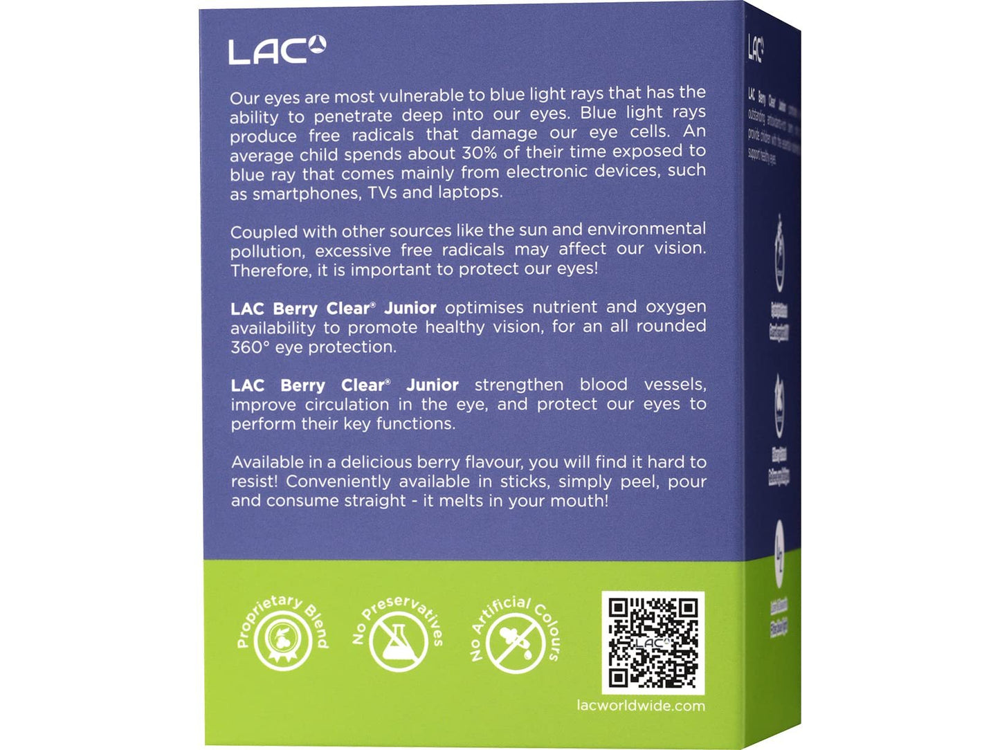 LAC Junior polvo Berry Clear presentación lateral 30 sticks