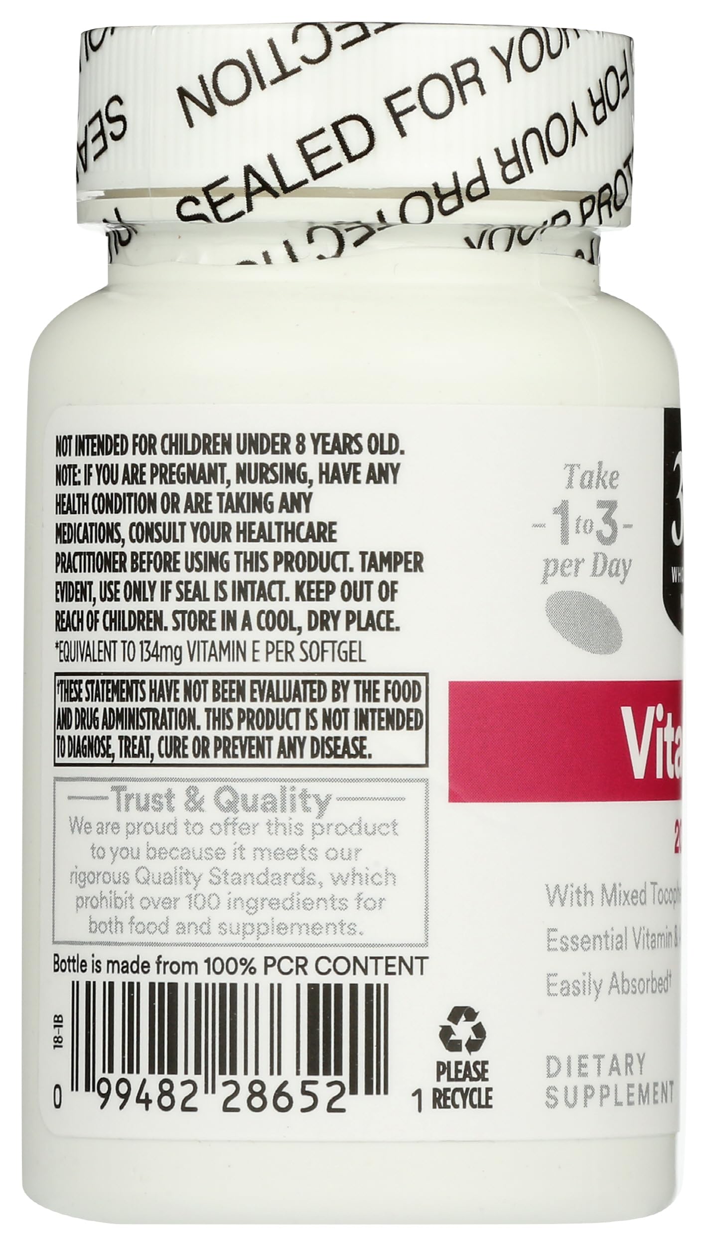 Lado del envase vitamina E 200 UI 365 Whole Foods Market