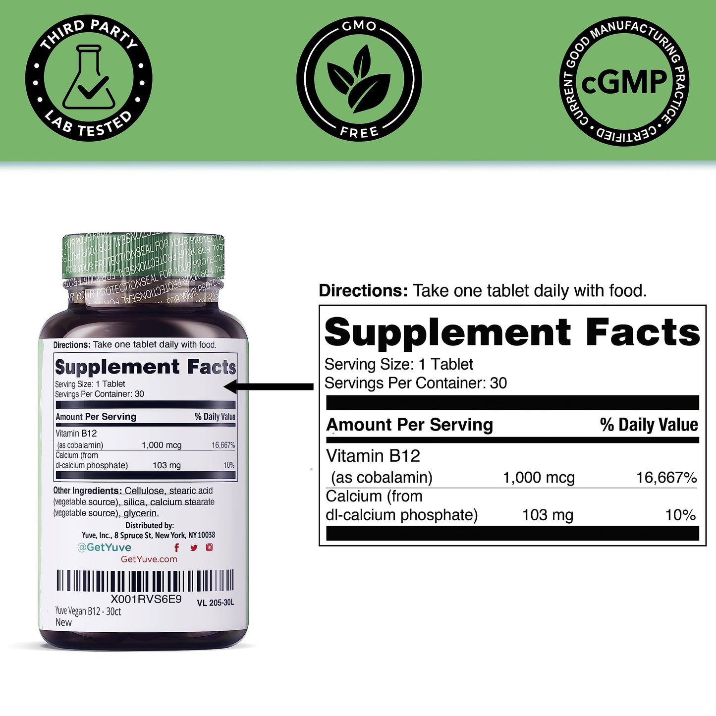 Lado del envase Yuve Vegan B12 tabletas 1000 mcg para memoria y energía