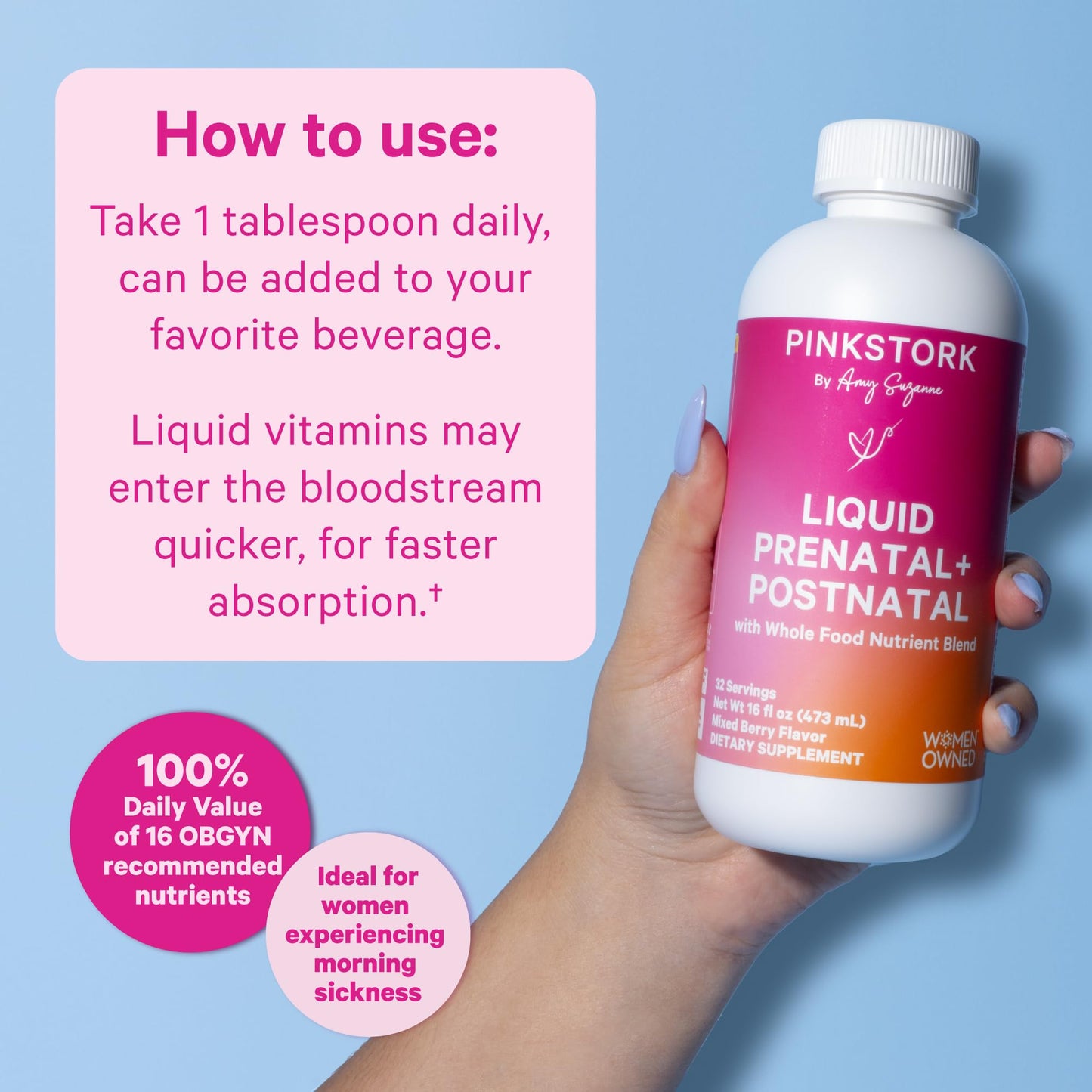 Lado etiquetas vitaminas líquidas Pink Stork para embarazo