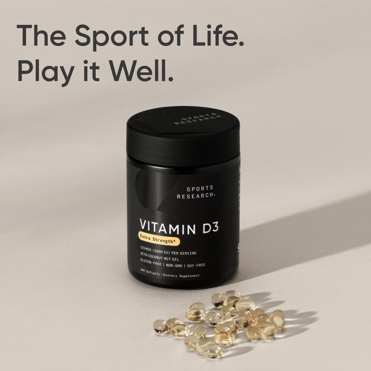Lado lateral envase vitamina D3 Sports Research capsulas blandas
