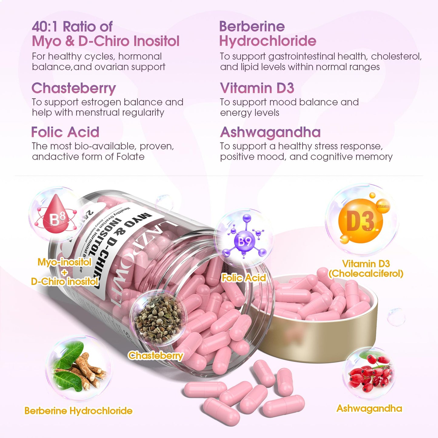 Detalle de cápsulas Lazpowfi suplemento inositol y extractos naturales