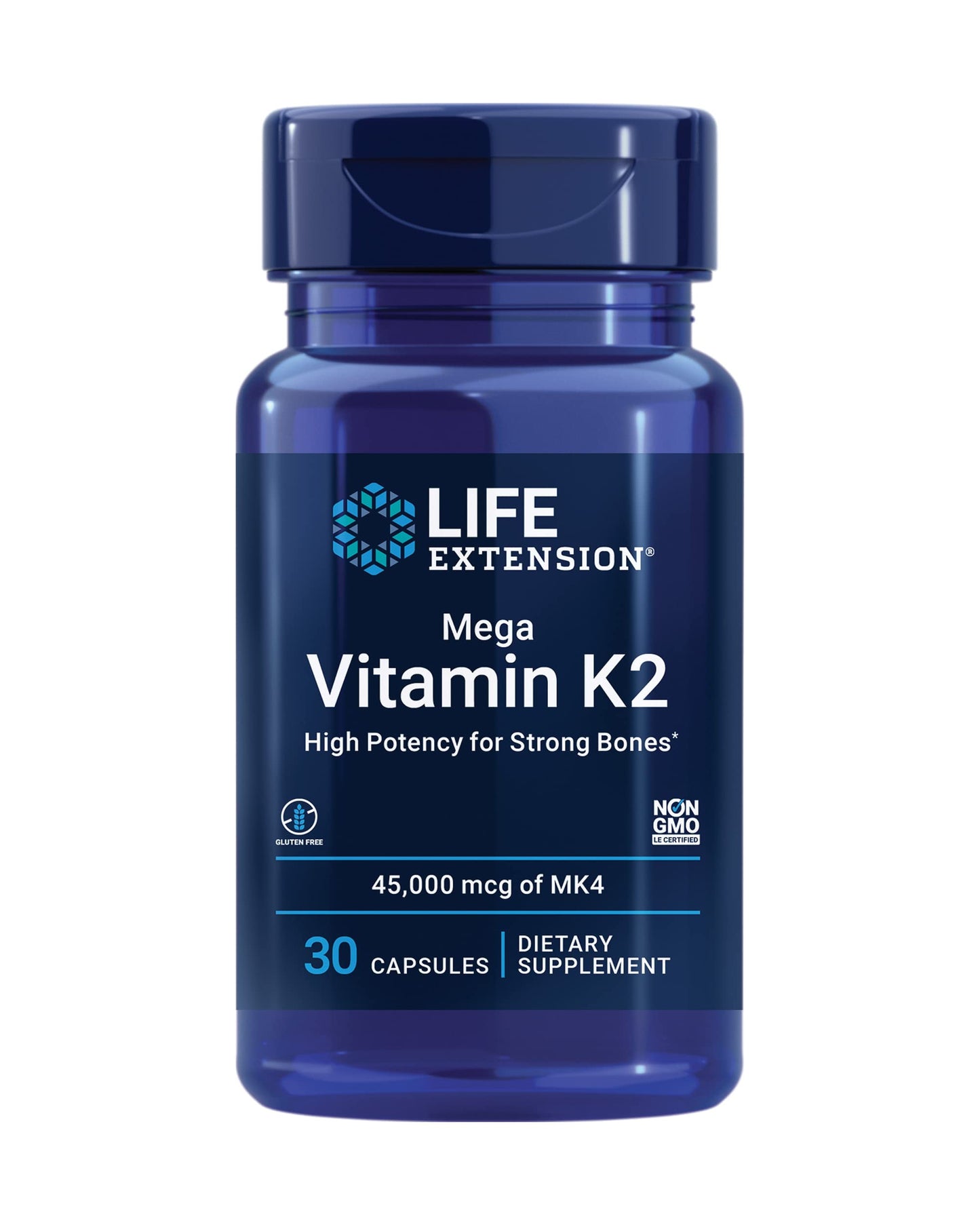 Frasco Life Extension Mega Vitamina K2 45 mg soporte huesos fuertes