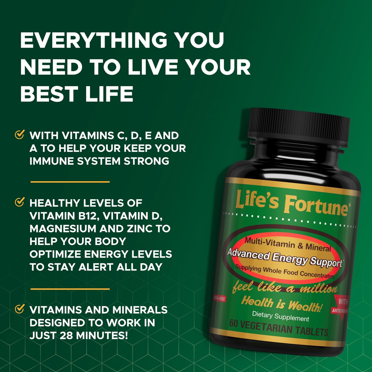 Vista lateral del frasco multivitamínico Life's Fortune