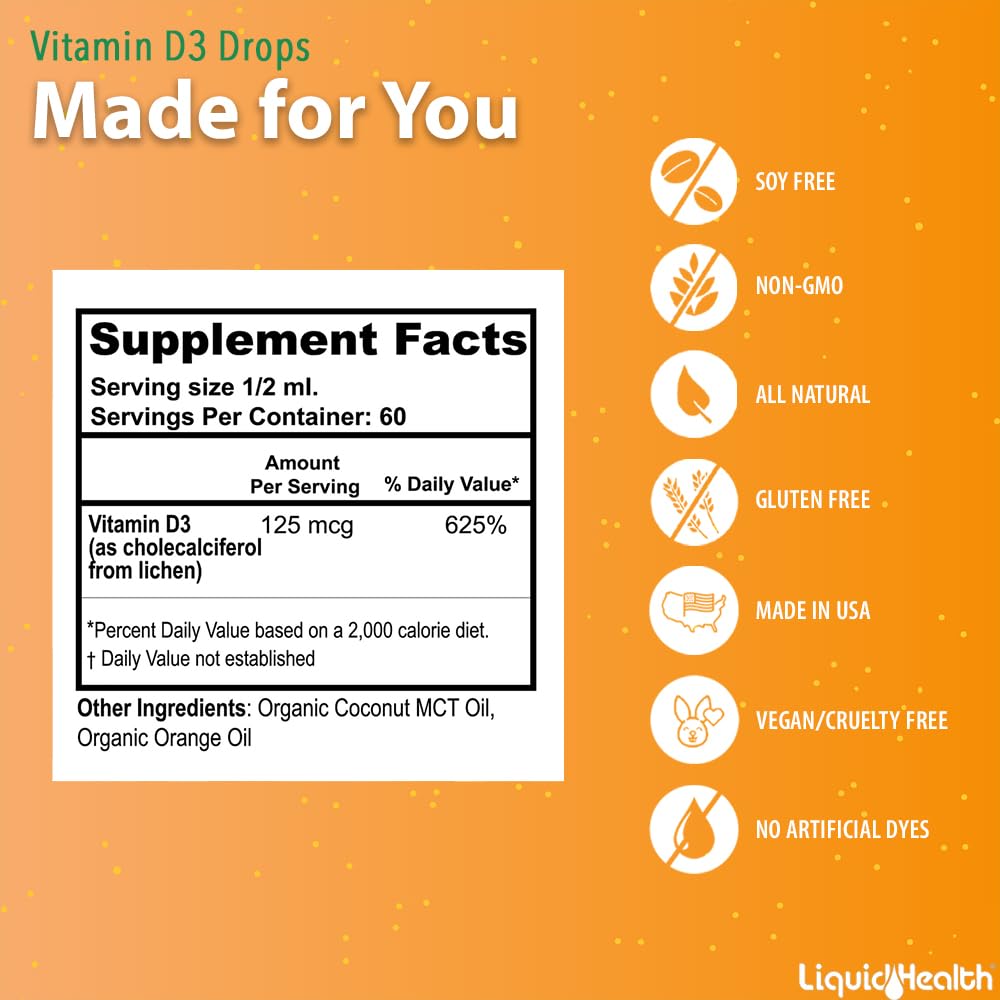 LIQUIDHEALTH gotas vitamina D veganas orgánicas 5000 UI frasco