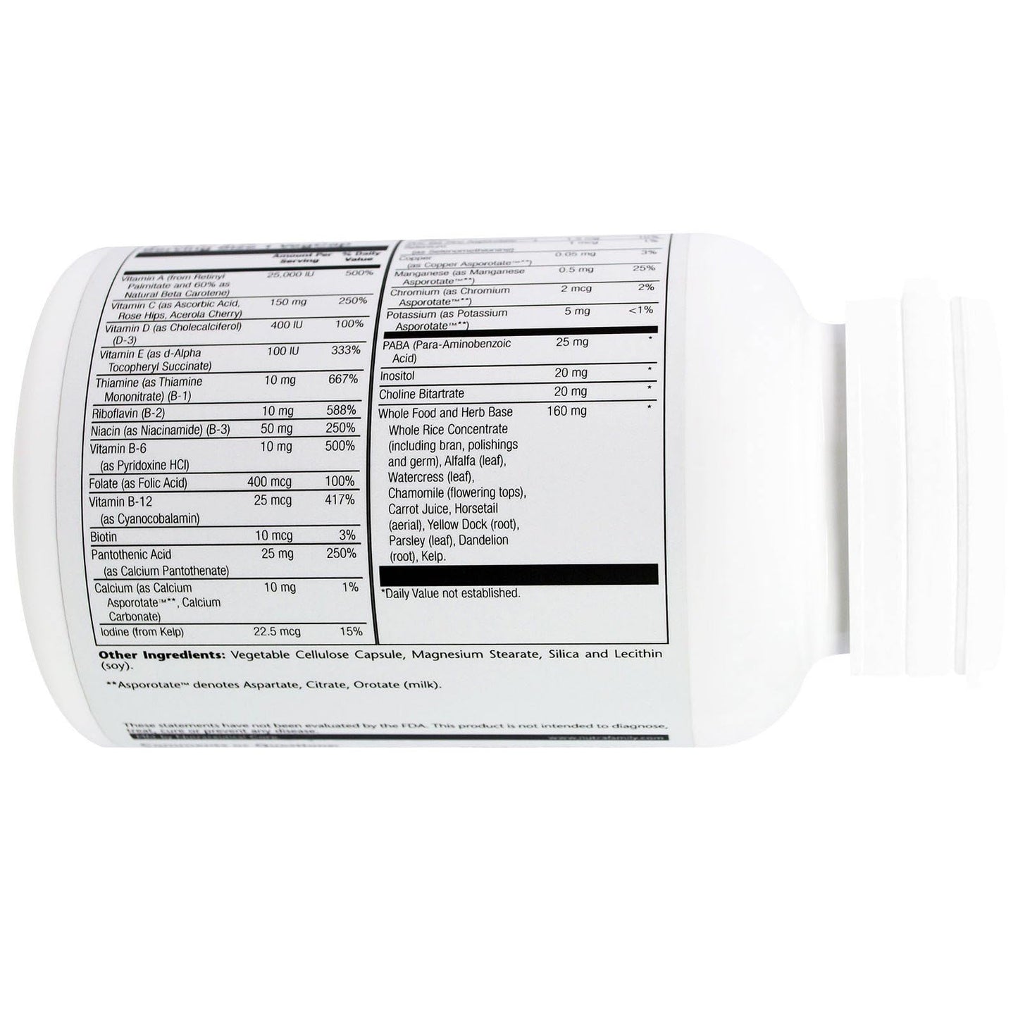 Lista de componentes del multivitamínico sin hierro