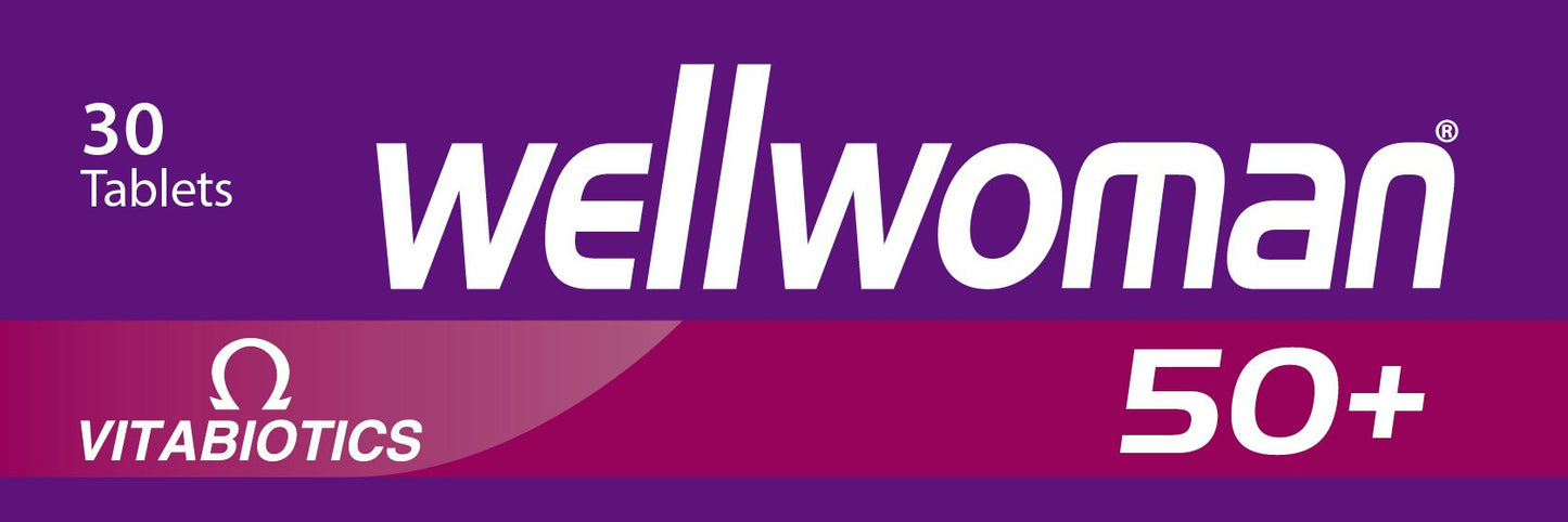 Logo Vitabiotics Wellwoman 50+ en la caja