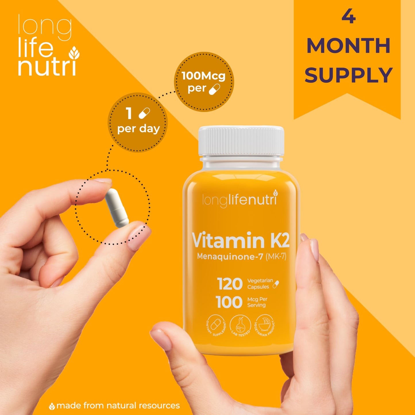 LongLifeNutri cápsulas vitamina K2 suministros para salud ósea