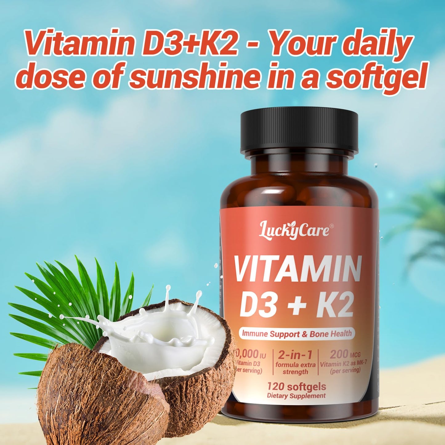 luckycare vitamin d3 k2 para huesos y corazón en softgels