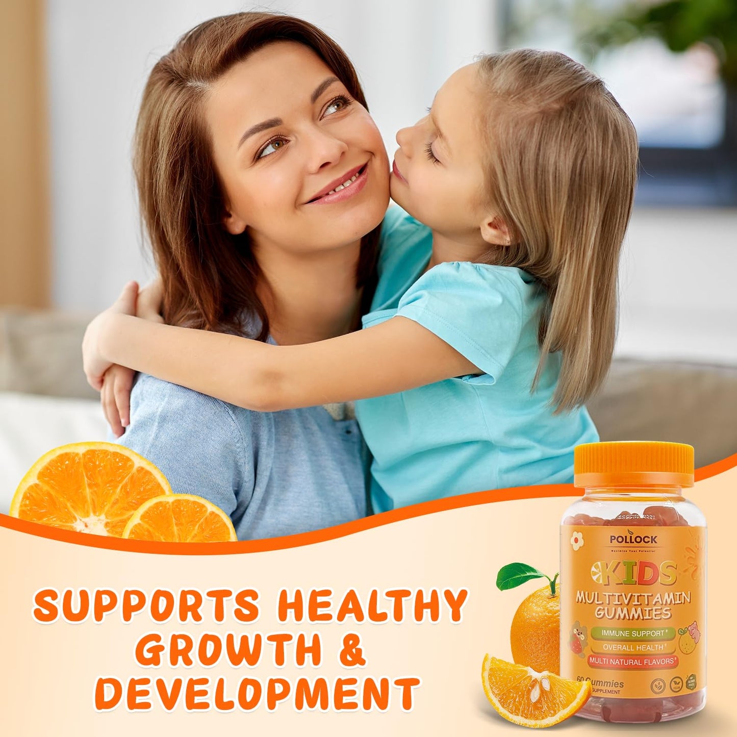 Madre e hija abrazándose mostrando las gomitas multivitamínicas