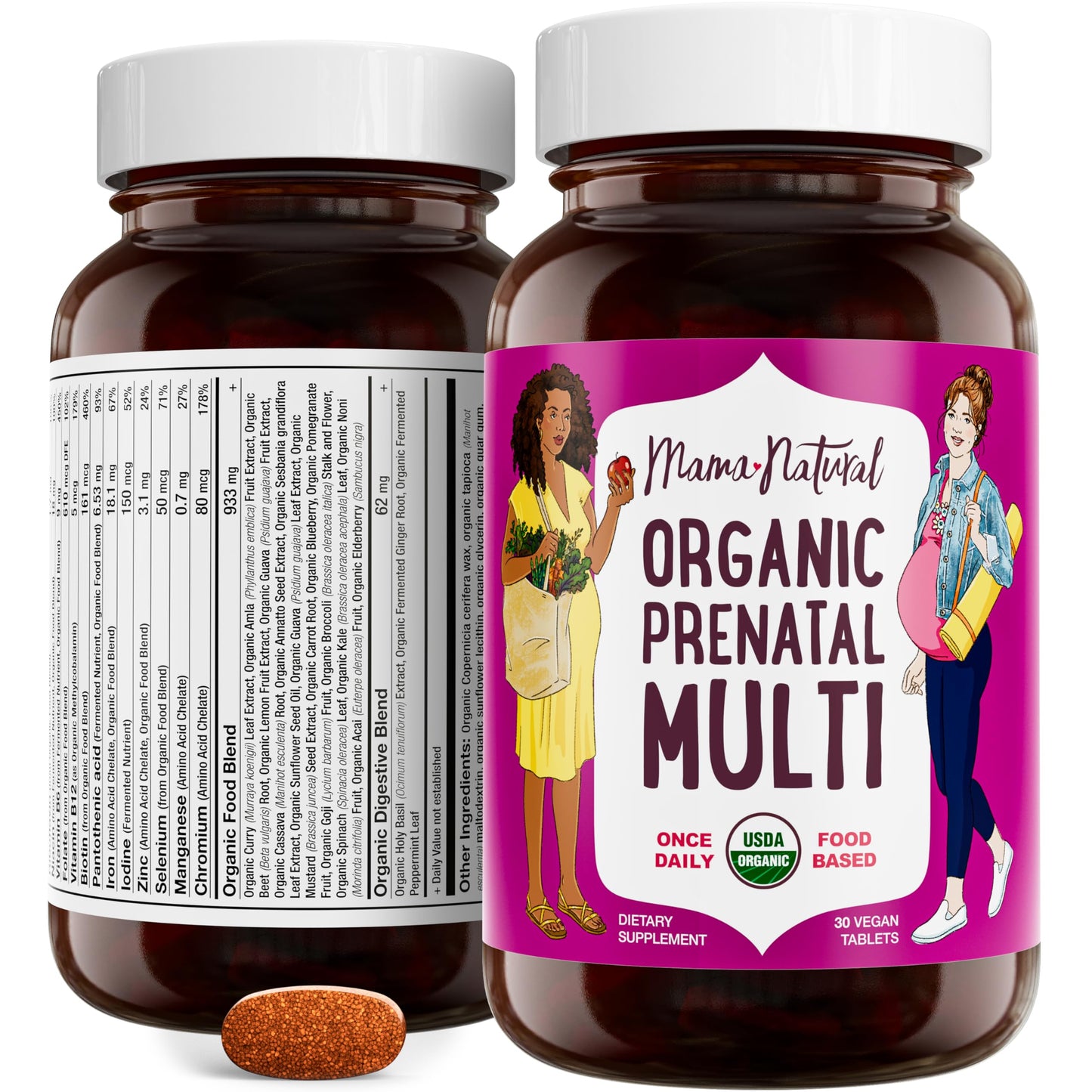 Mama Natural vitaminas prenatales orgánicas paquete frontal 30 días