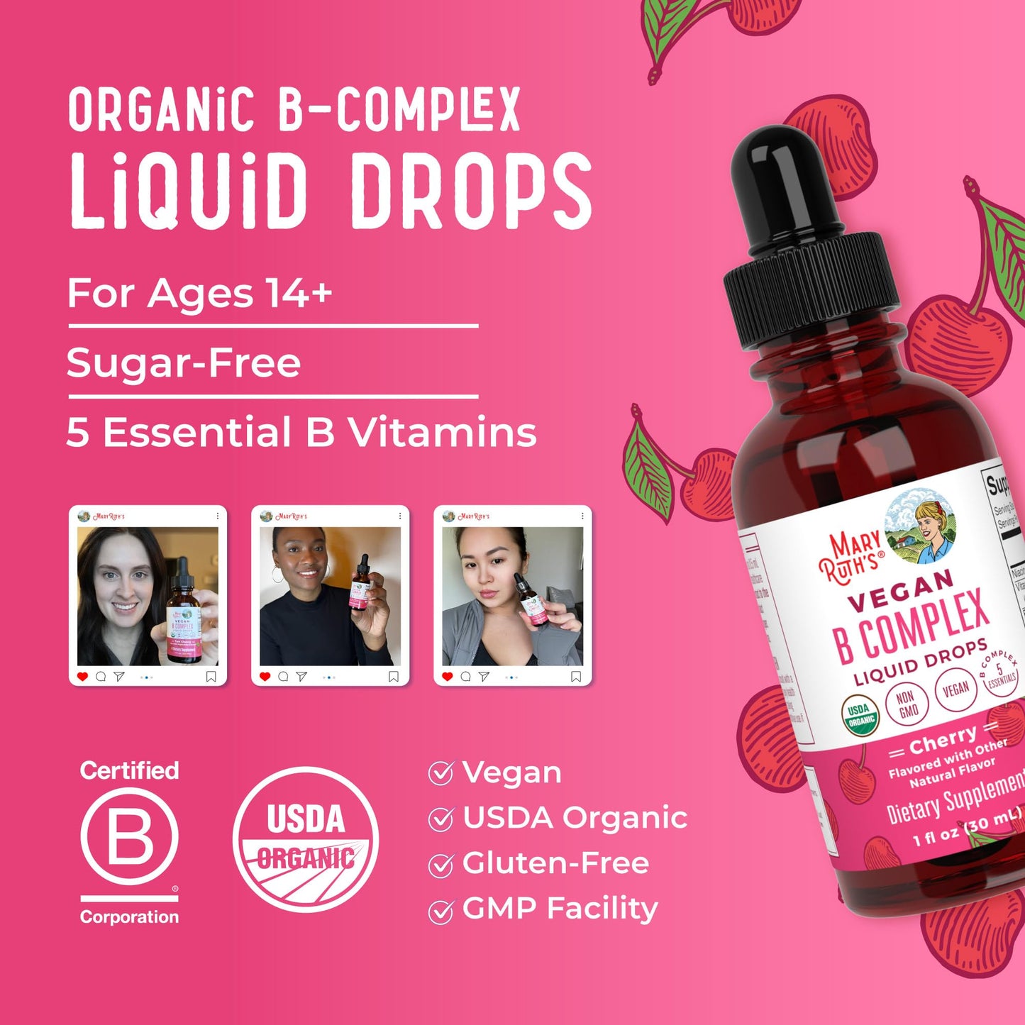 MaryRuth Organics botella complejo b orgánico líquido vista lateral