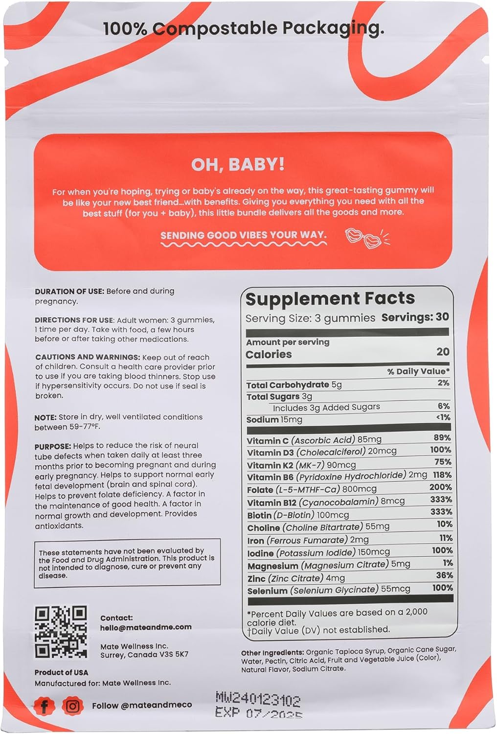 Envase mate & me gummies prenatales para mujeres
