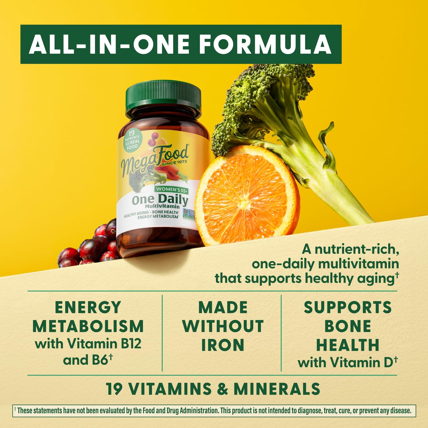 MegaFood Women's 55+ multivitaminas con alimentos reales de apoyo.