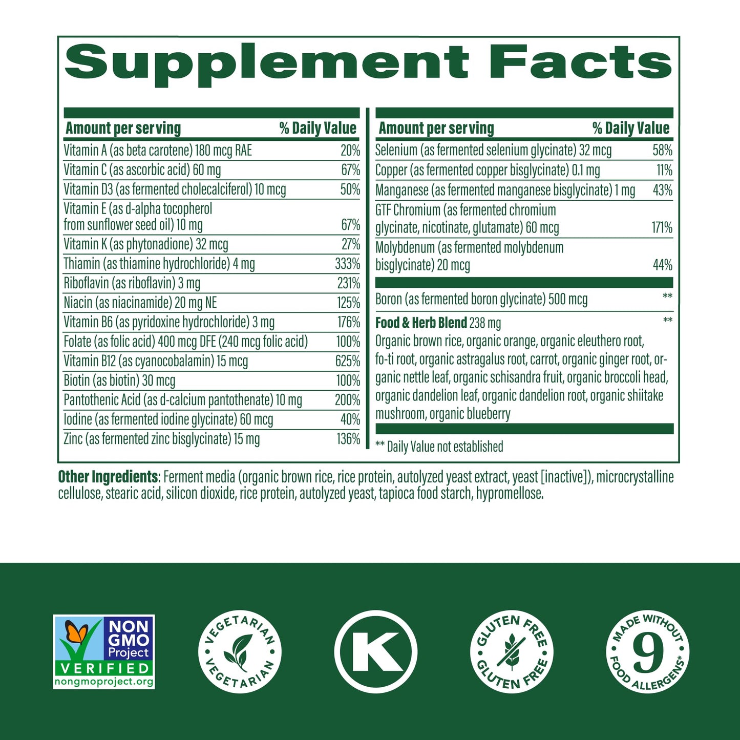 MegaFood tabla nutricional detalles