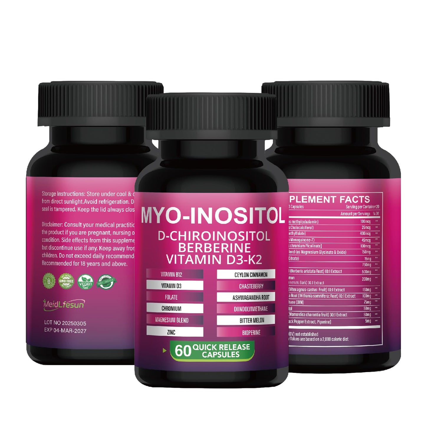 Frasco de suplemento Meidlfesun Myo-D-Chiro Inositol 15:1