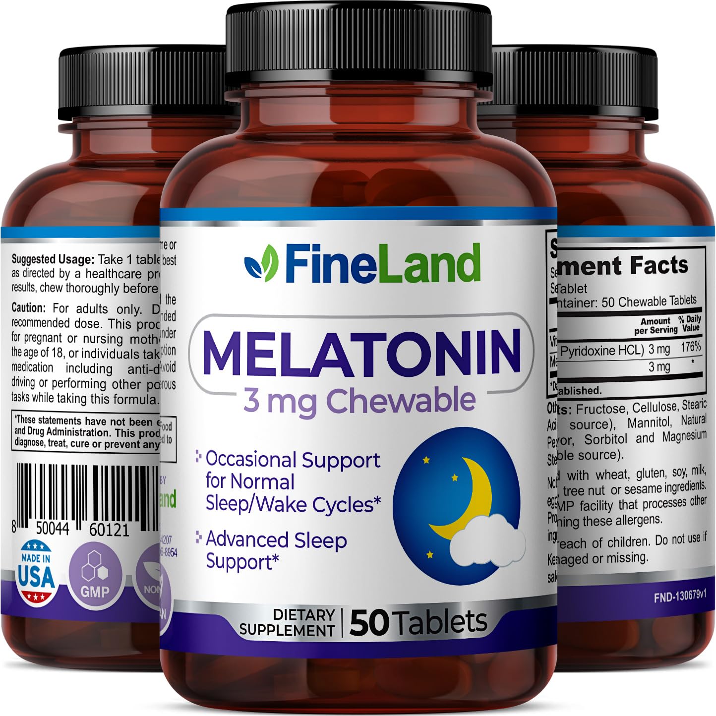 Melatonina 3mg FineLand para descanso tranquilo.