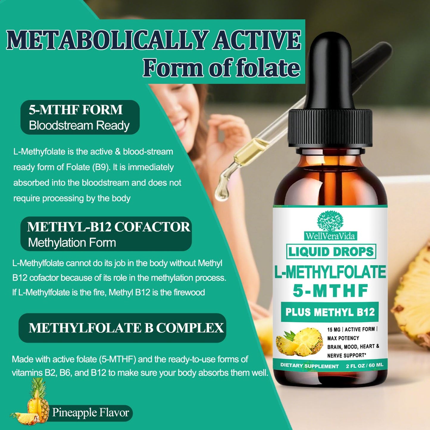 Methylfolate gotas para adultos y niños, pack de 2 frascos