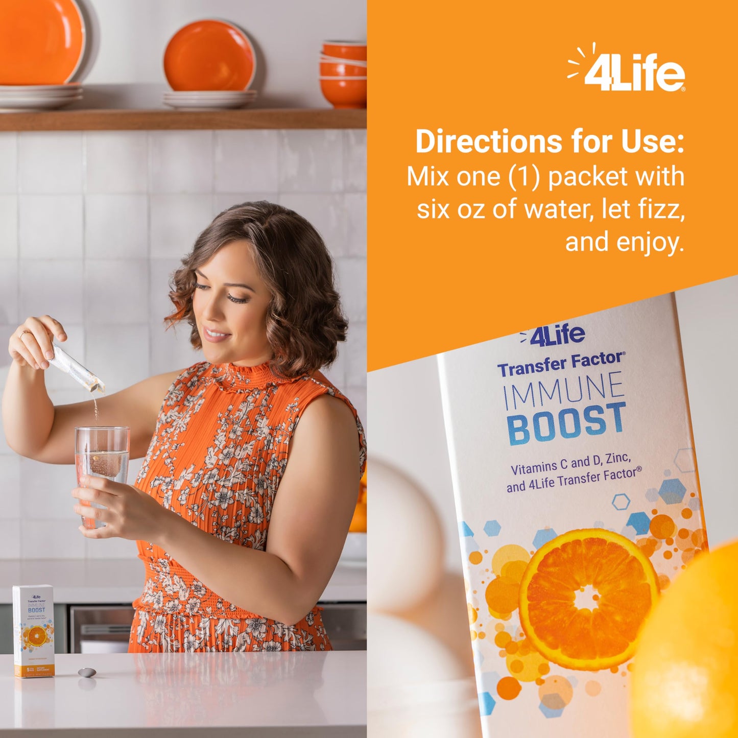 Señora mezclando 4Life Immune Boost en un vaso de agua