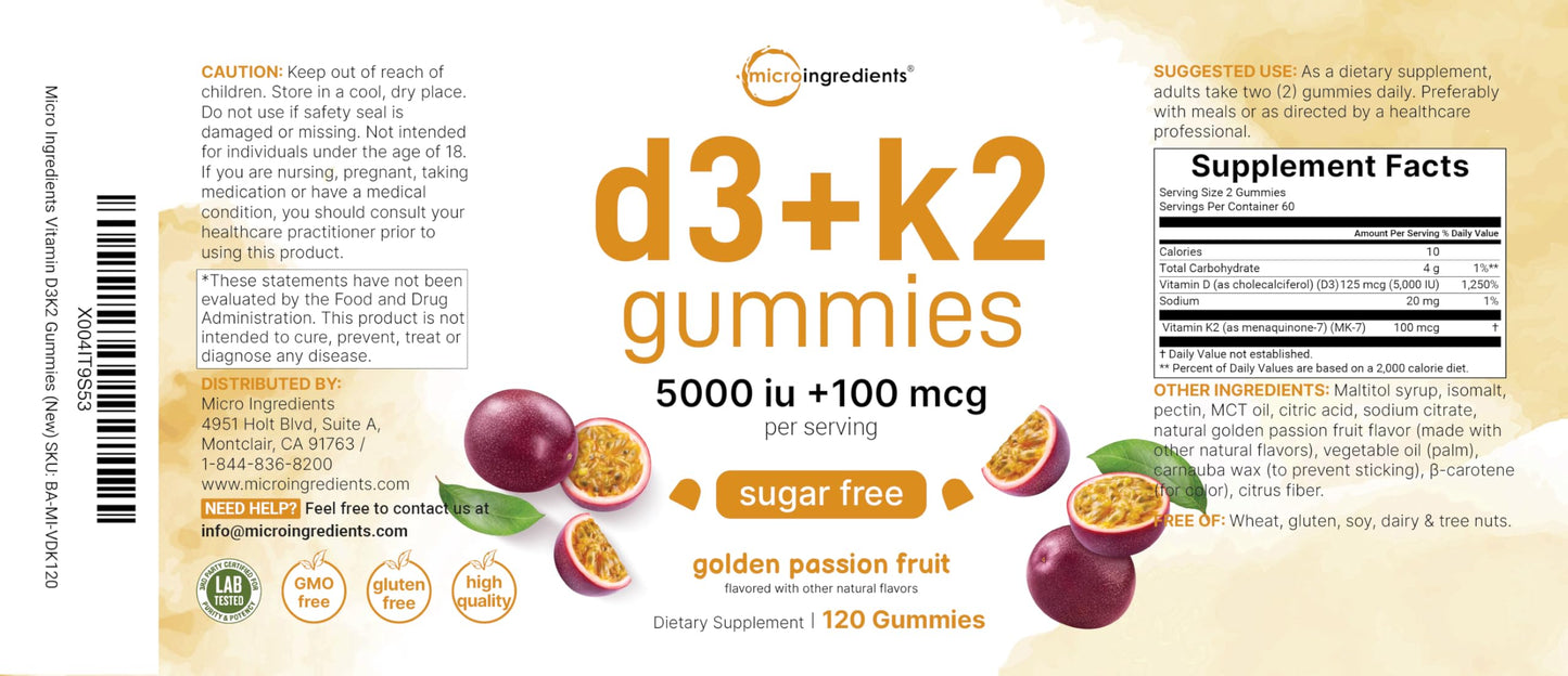 Frasco Micro Ingredients gomitas D3 K2 5000IU sabor maracuyá para huesos