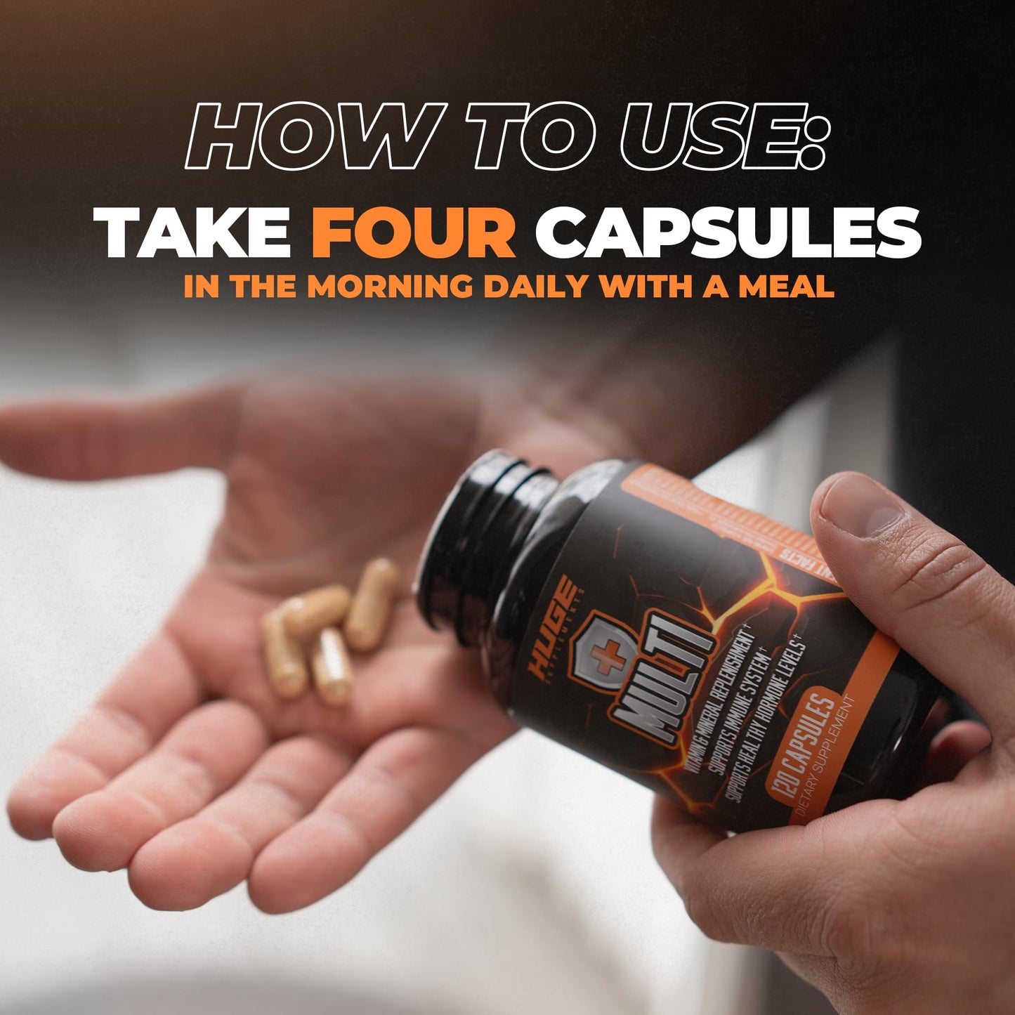 Modo de uso del multivitamínico Huge Multi para hombres