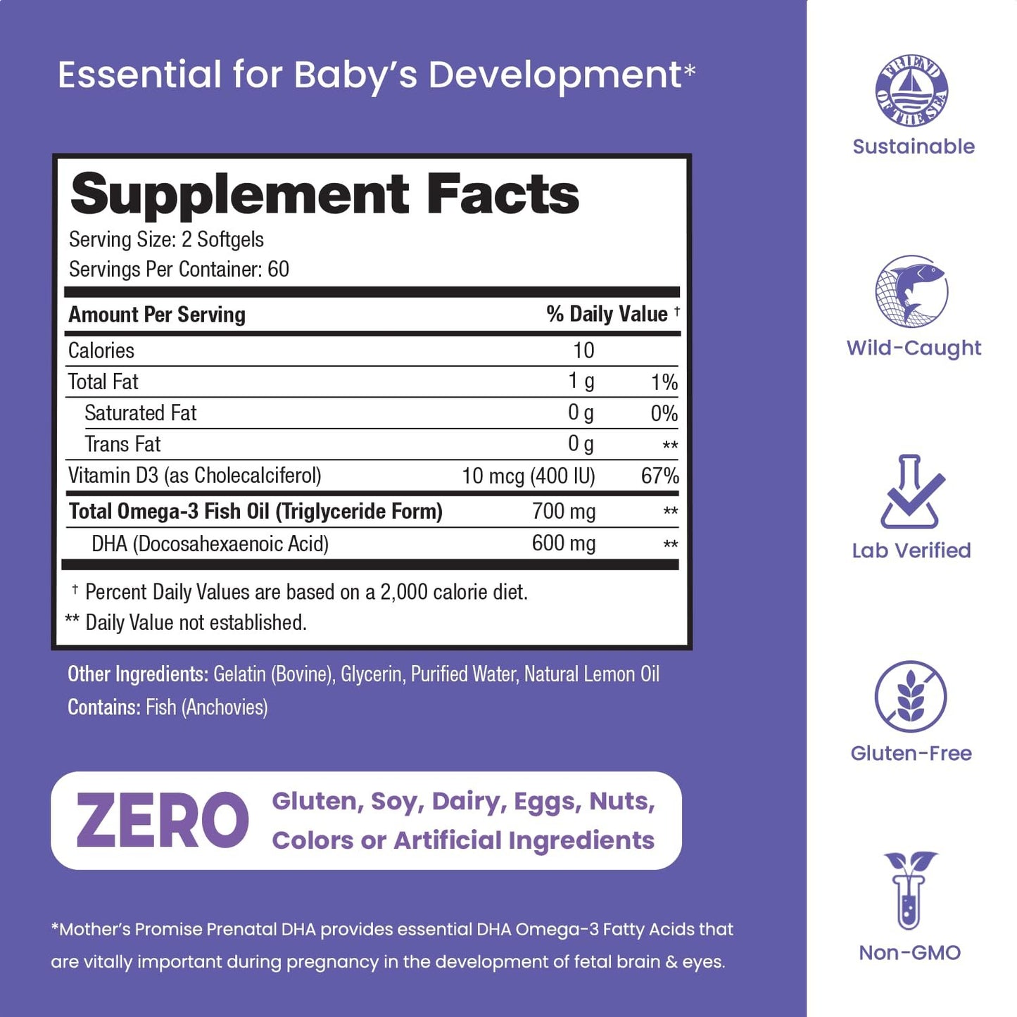 Mother's Promise suplemento DHA prenatal para desarrollo fetal