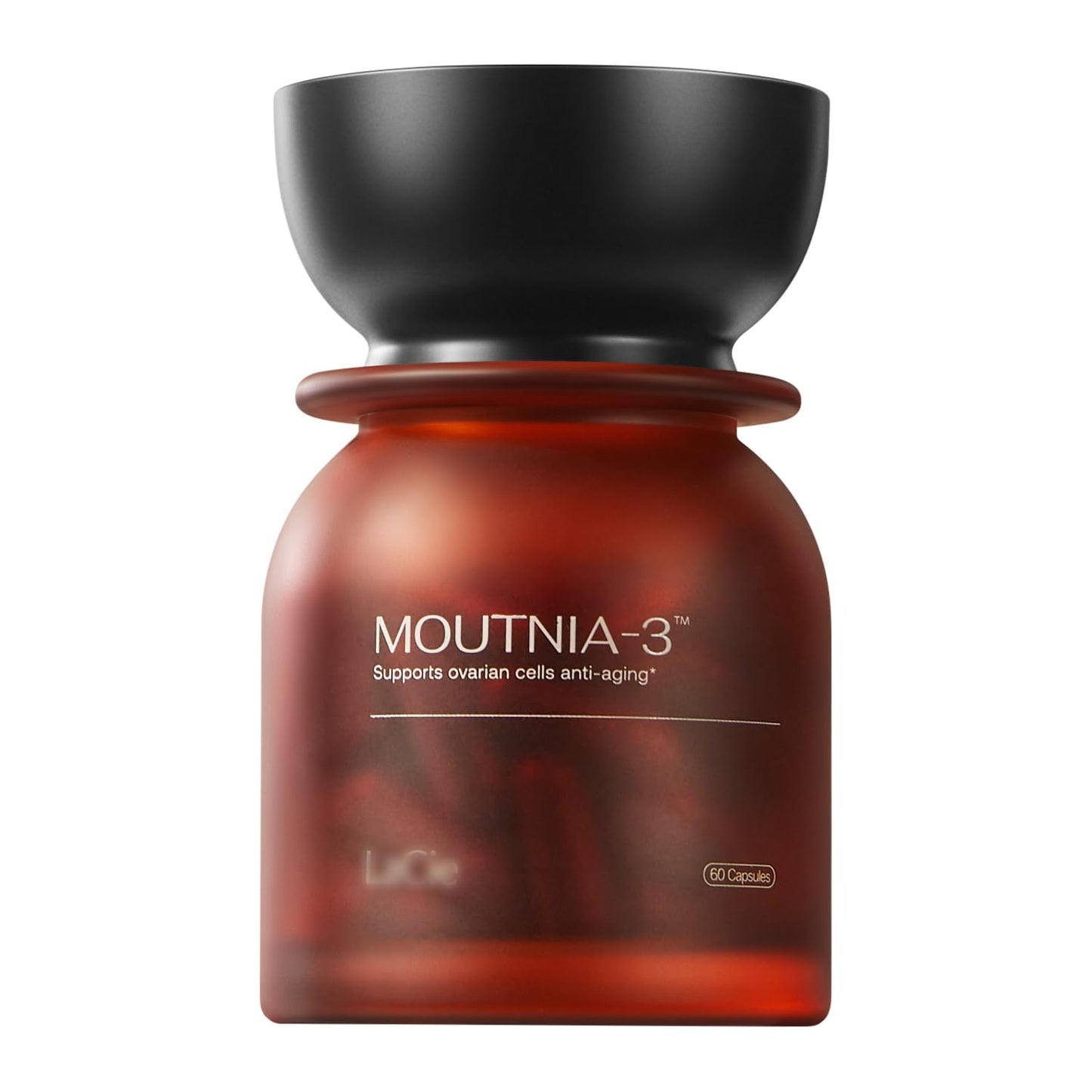 Caja y frasco de MOUTNIA-3 cápsulas para apoyo ovárico y hormonas mujer