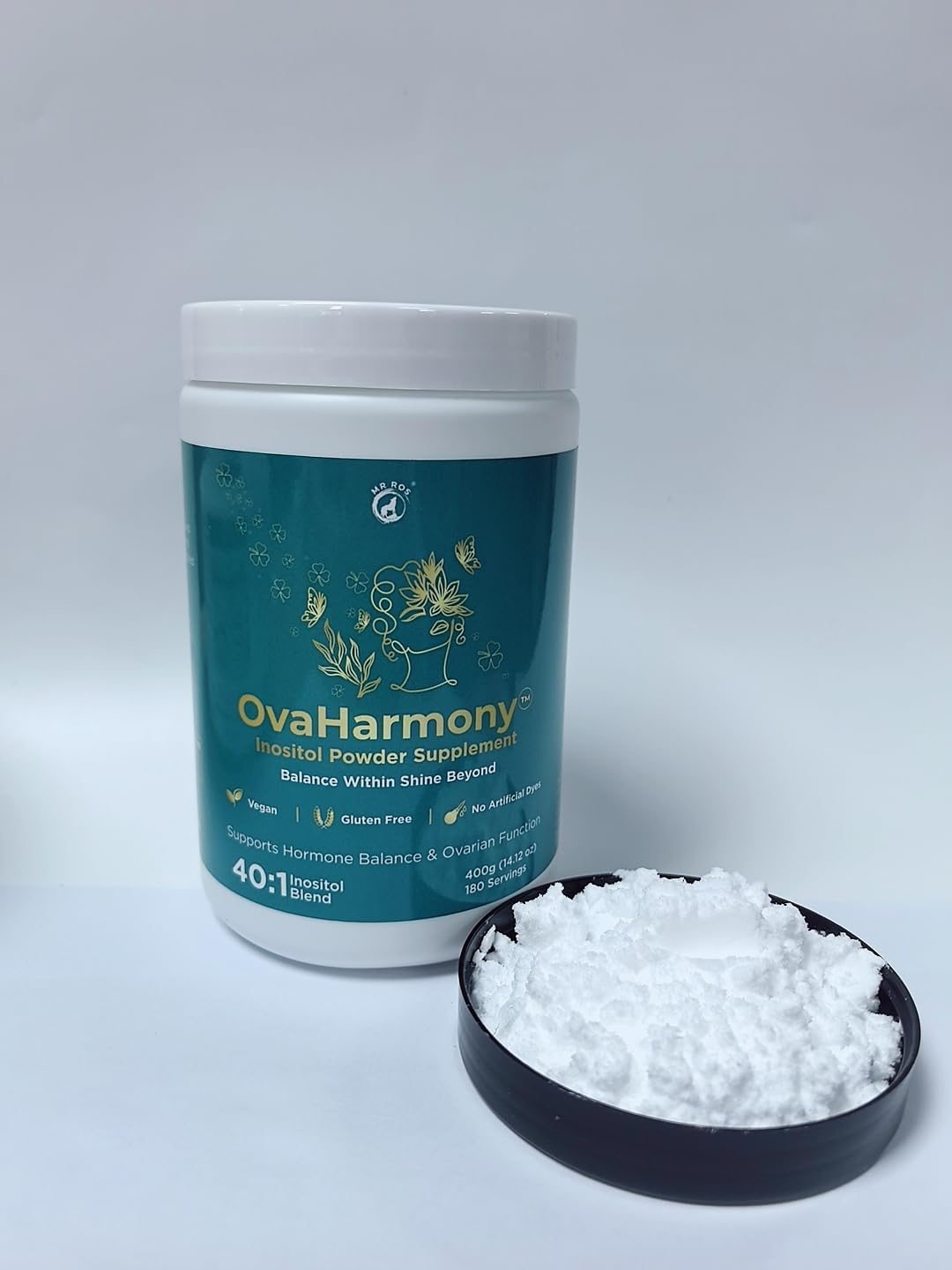Mr Ros OvaHarmony polvo en frasco negro y rosa para función ovárica