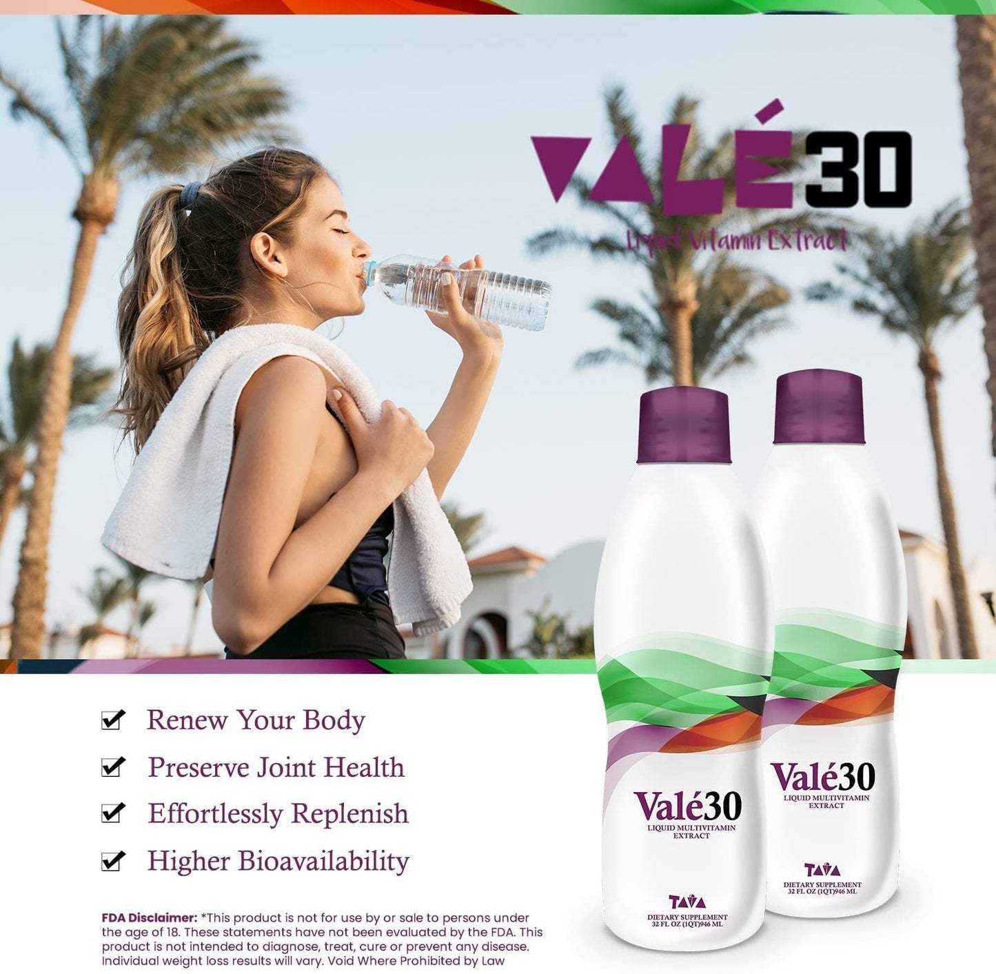 Mujer deportiva tomando Valé30 multivitamínico TAVA