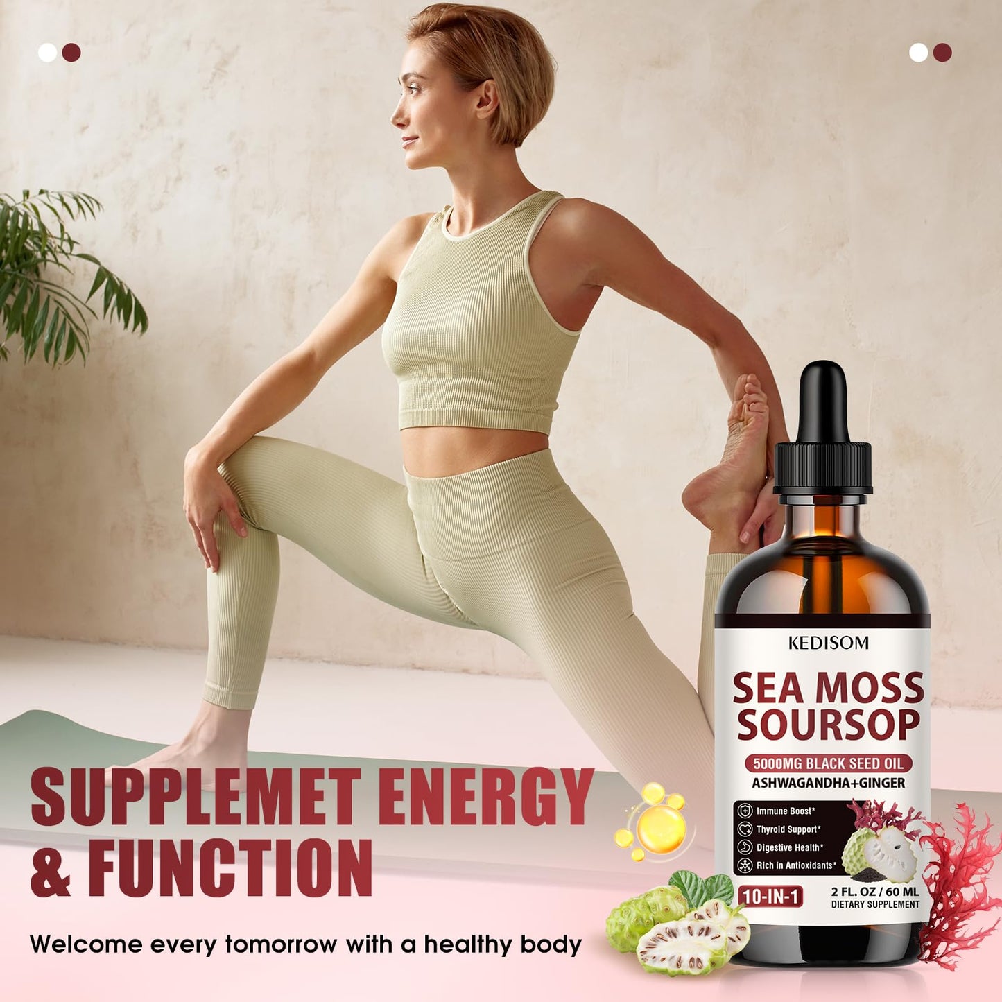Mujer usando KEDISOM Sea Moss Gotas