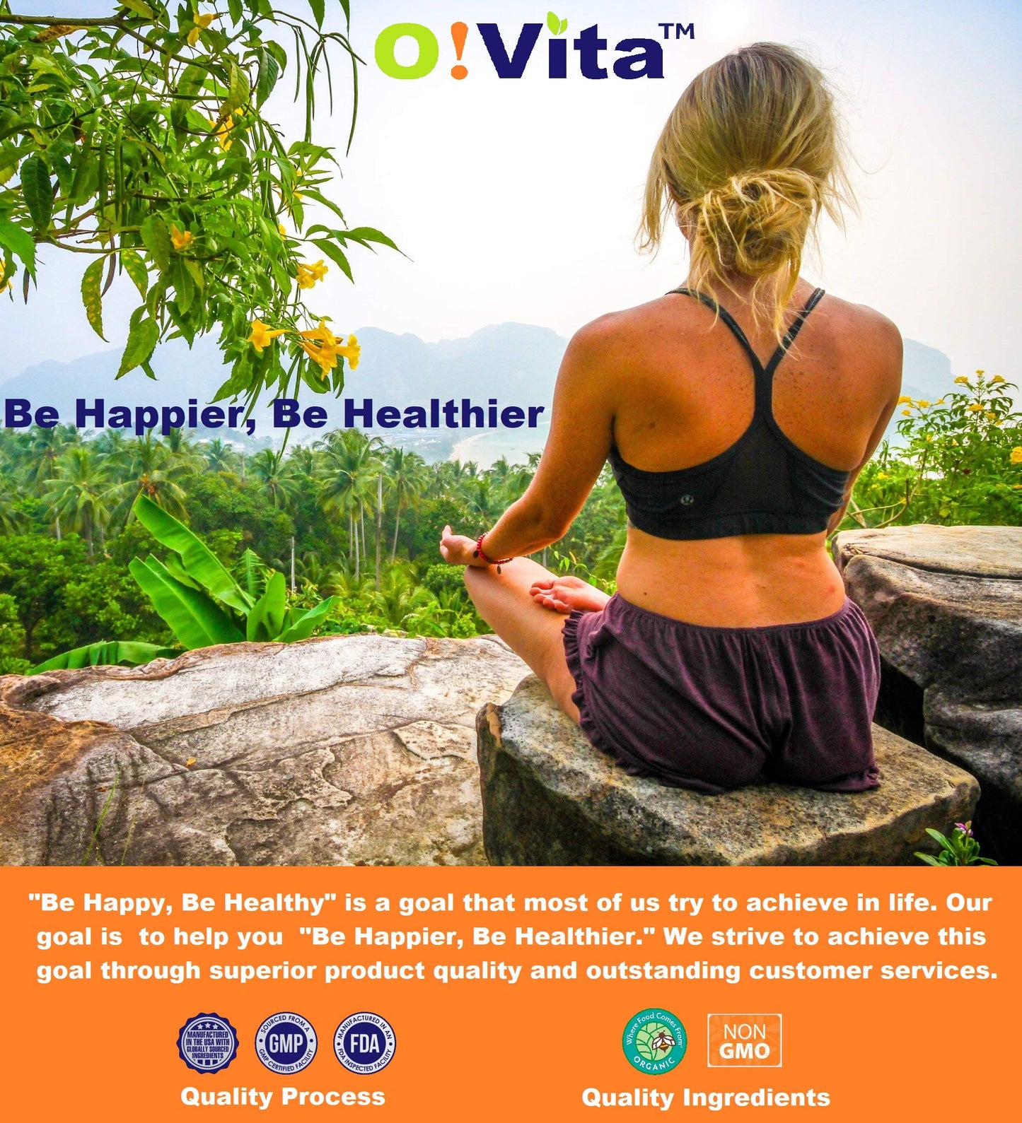 Mujer meditando con fondo natural y vitaminas O!VITA.