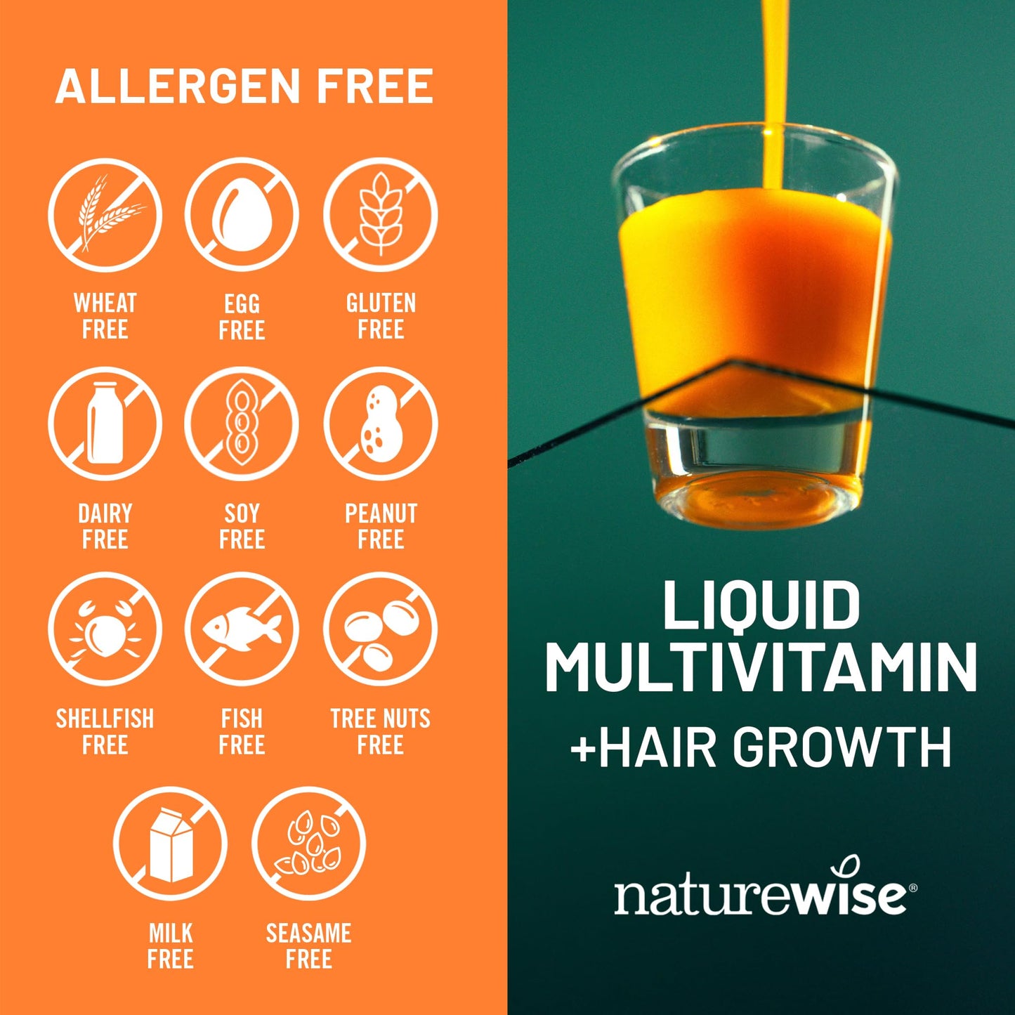 Multivitamina líquida NatureWise sin alérgenos comunes.