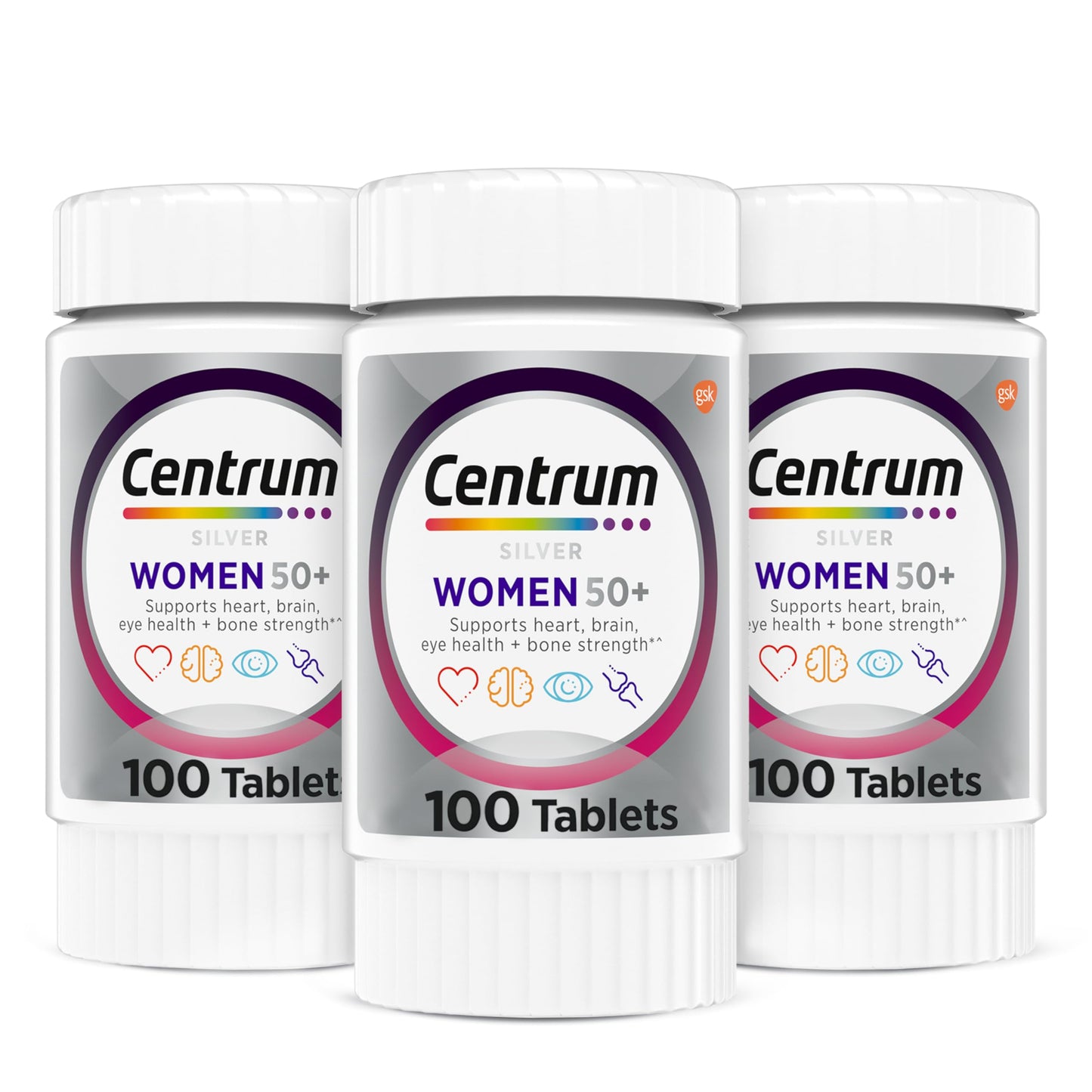 Tres botellas de multivitaminas Centrum para mujeres mayores de 50 años