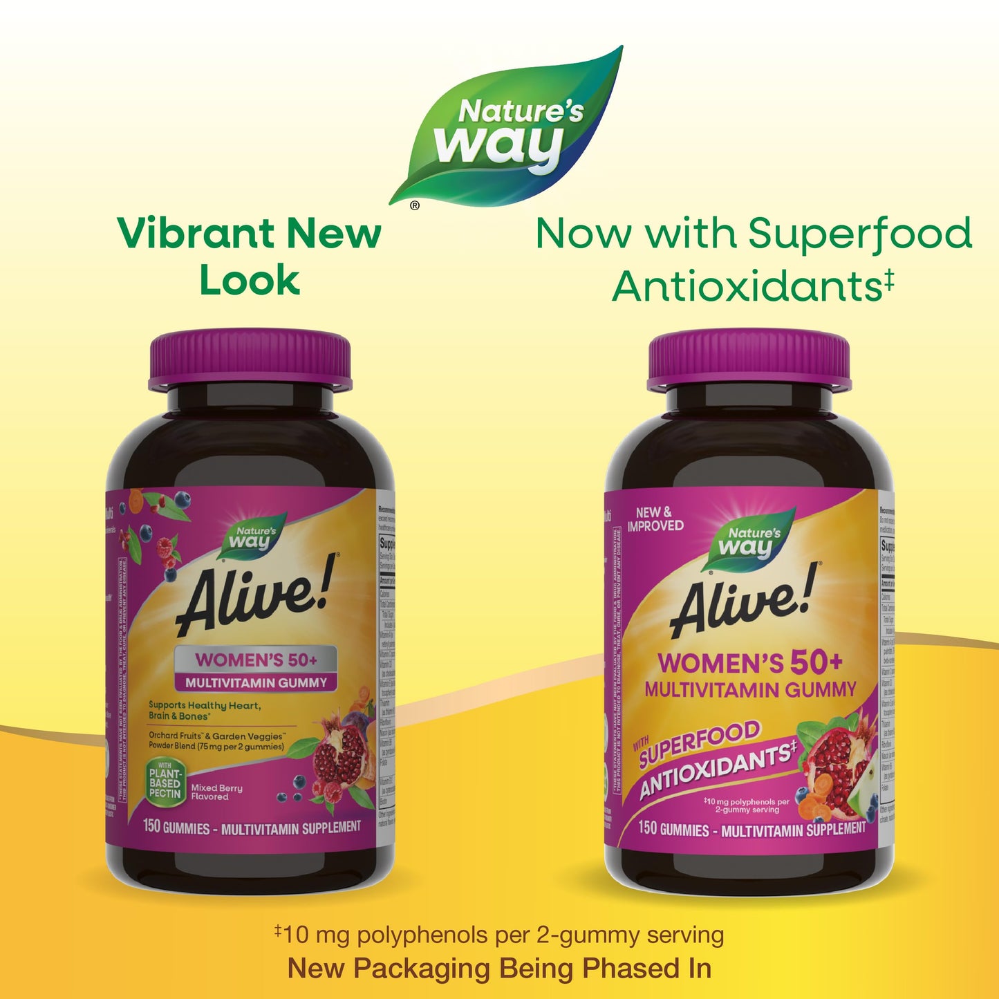 Dos envases comparando mejoras en multivitaminas para mujeres 50+